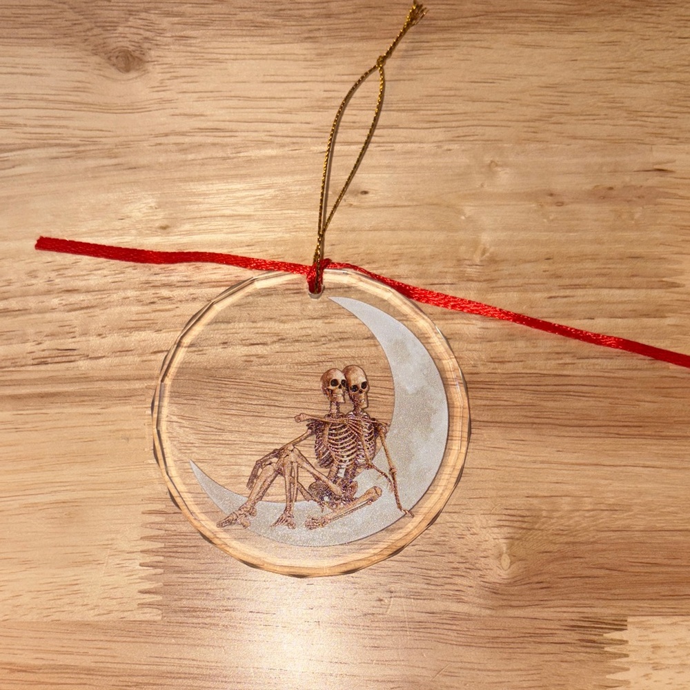 Skeleton Moon Ornament with Red Ribbon